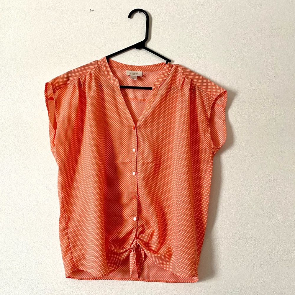 Ann Taylor Loft Orange & White Front-Tie Blouse